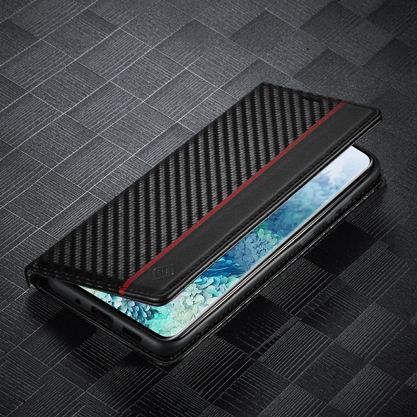LC.IMEEKE Carbon Fiber PU + TPU Horizontal Flip Leather Case with Holder & Card Slot & Wallet - Samsung Galaxy S20 FE(Vertical Black)