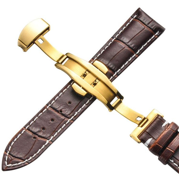 20mm Classic Cowhide Leatherette Gold Butterfly Buckle Watch Band(Brown White Lines)