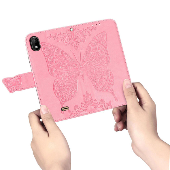 Butterfly Love Flowers Embossed Horizontal Flip Leatherette Case with Holder & Card Slots & Wallet & Lanyard - Wiko Y61(Pink)