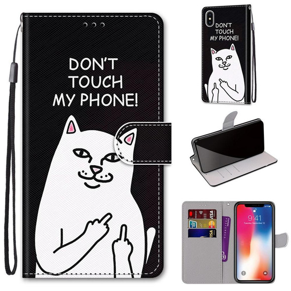 Coloured Drawing Cross Texture Horizontal Flip PU Leatherette Case with Holder & Card Slots & Wallet & Lanyard - iPhone XS / X(Middle Finger White Cat)