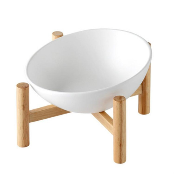 15cm/300ml Cat Dog Food Bowl Pet Ceramic Bowl, Style:Bowl With Wooden Stand(White)