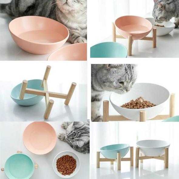 15cm/300ml Cat Dog Food Bowl Pet Ceramic Bowl, Style:Bowl With Wooden Stand(White)