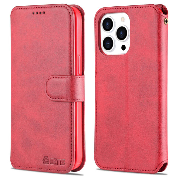 AZNS Calf Texture Horizontal Flip Leatherette Case with Holder & Card Slots & Wallet & Photo Frame - iPhone 13 Pro(Red)