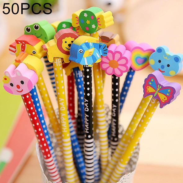 50 PCS Creative Stationery Cartoon Animals Series Wooden HB Pencil with Eraser Children Pencils - Kids School Office Supply, Random Color Delivery