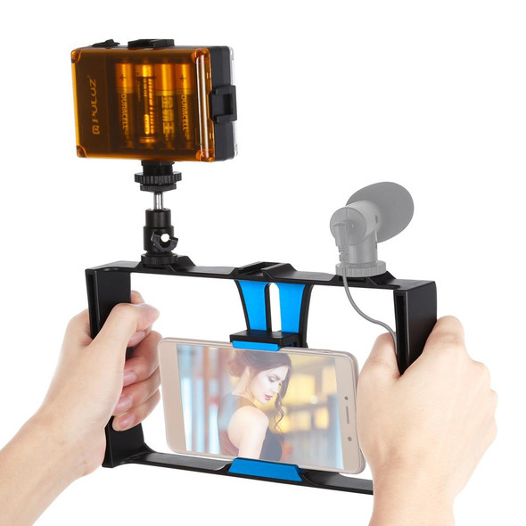 PULUZ 2 in 1 Vlogging Live Broadcast LED Selfie Light Smartphone Video Rig Kits with Cold Shoe Tripod Head for iPhone, Galaxy, Huawei, Xiaomi, HTC, LG, Google, and Other Smartphones(Blue)