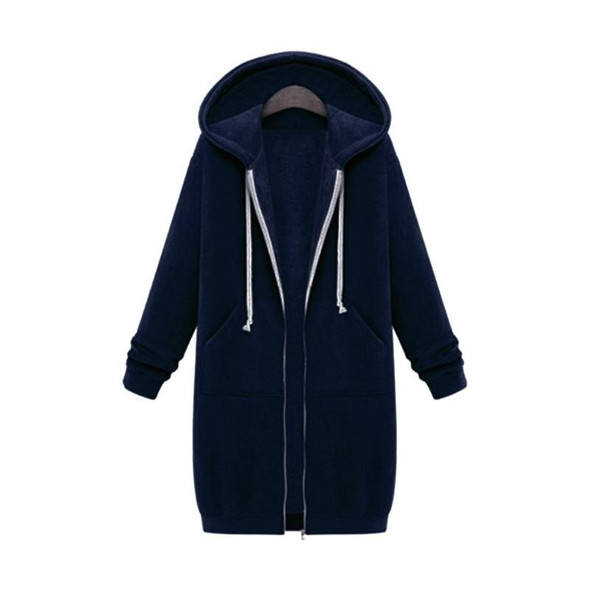 Women Hooded Long Sleeved Sweater In The Long Coat, Size:XL(Navy Blue)