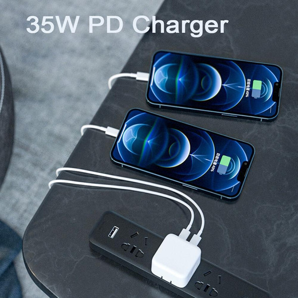 PD 35W Dual USB-C / Type-C Ports Charger with 2m Type-C to 8 Pin Data Cable, US Plug