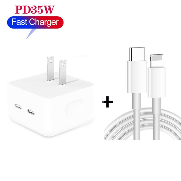 PD 35W Dual USB-C / Type-C Ports Charger with 2m Type-C to 8 Pin Data Cable, US Plug