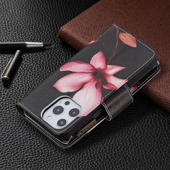 Colored Drawing Pattern Zipper Horizontal Flip Leatherette Case with Holder & Card Slots & Wallet - iPhone 13 Pro Max(Lotus)