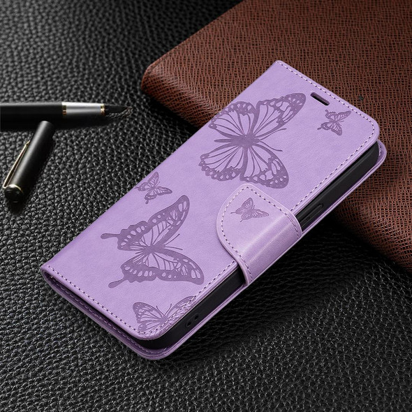 Embossing Two Butterflies Pattern Horizontal Flip PU Leatherette Case with Holder & Card Slot & Wallet & Lanyard - iPhone 13 Pro Max(Purple)