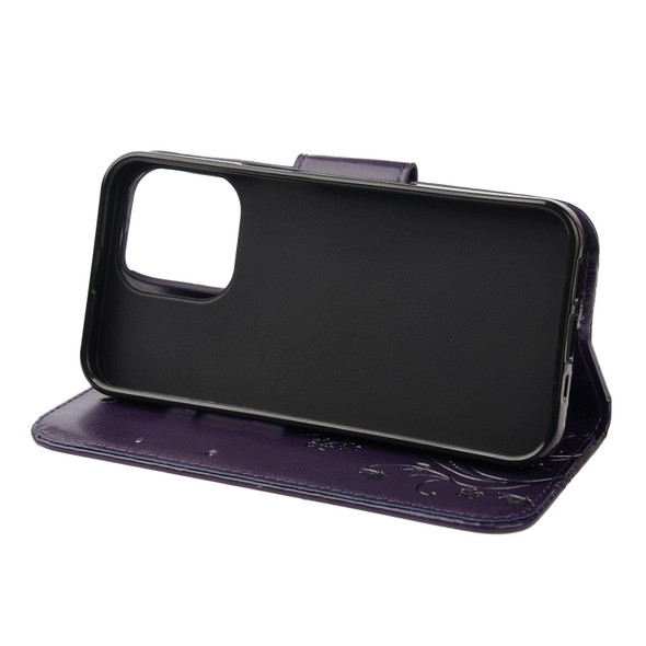 Butterfly Flower Pattern Horizontal Flip Leatherette Case with Holder & Card Slots & Wallet - iPhone 13 Pro(Deep Purple)