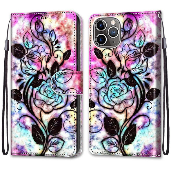 Coloured Drawing Cross Texture Horizontal Flip PU Leatherette Case with Holder & Card Slots & Wallet & Lanyard - iPhone 13 Pro(Color Background Hollow Flower)