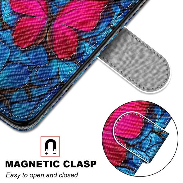 Coloured Drawing Cross Texture Horizontal Flip PU Leatherette Case with Holder & Card Slots & Wallet & Lanyard - iPhone 13(Blue Red Butterfly)