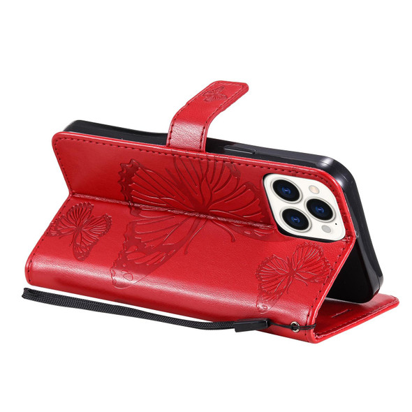 3D Butterfly Embossed Pattern Horizontal Flip Leatherette Case with Holder & Card Slot & Wallet & Lanyard - iPhone 13 Pro Max(Red)