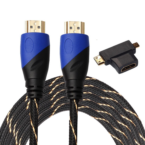 5m HDMI 1.4 Version 1080P Woven Net Line Blue Black Head HDMI Male to HDMI Male Audio Video Connector Cable with Mini HDMI & Micro HDMI & HDMI 3 in 1 Adapter Set