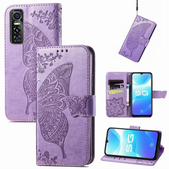 Butterfly Love Flowers Embossed Horizontal Flip Leatherette Case with Holder & Card Slots & Wallet & Lanyard - vivo S7e(Light Purple)