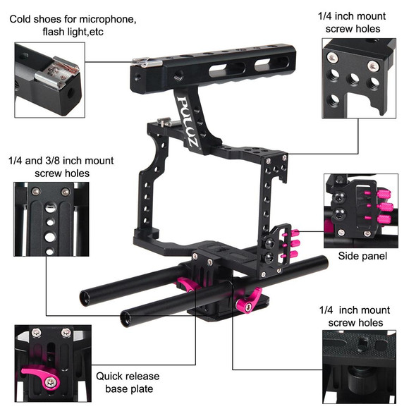 PULUZ Camera Cage Handle Stabilizer for Sony A7 & A7S & A7R, A7 II & A7R II & A7S II, A7R III & A7S III, A7R IV, A6000, A6500, A6300, Panasonic Lumix DMC-GH4(Rose Red)