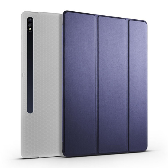 Samsung Galaxy Tab S7 FE / Tab S7+ / Tab S8+ 3-folding Transparent Honeycomb TPU Leather Tablet Case(Dark Blue)