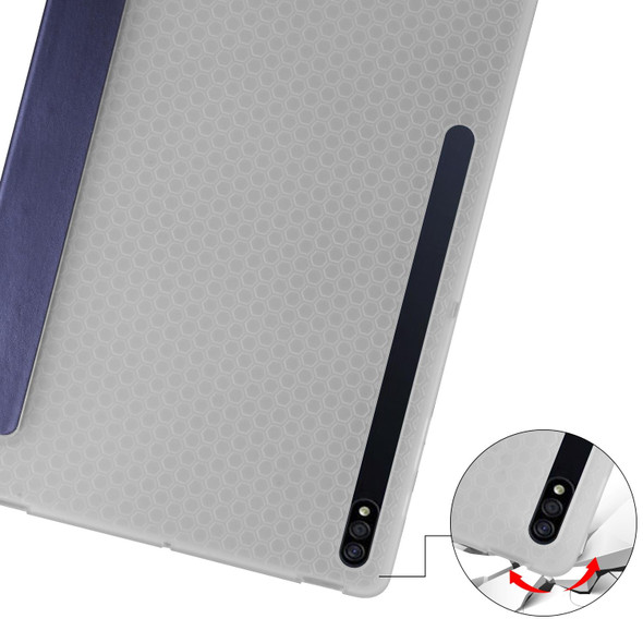 Samsung Galaxy Tab S7 FE / Tab S7+ / Tab S8+ 3-folding Transparent Honeycomb TPU Leather Tablet Case(Dark Blue)