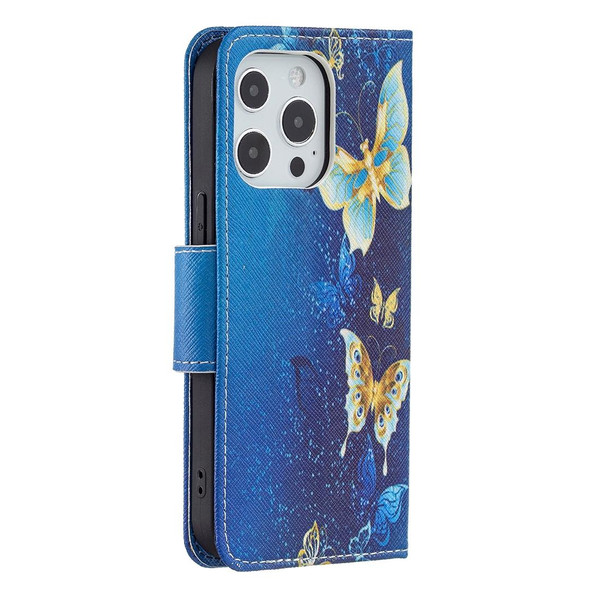 Colored Drawing Pattern Horizontal Flip Leatherette Case with Holder & Card Slots & Wallet - iPhone 13 Pro(Gold Butterfly)