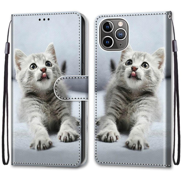 Coloured Drawing Cross Texture Horizontal Flip PU Leatherette Case with Holder & Card Slots & Wallet & Lanyard - iPhone 13 mini(Small Gray Cat)