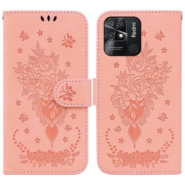 Xiaomi Redmi 10C Butterfly Rose Embossed Leather Phone Case(Pink)