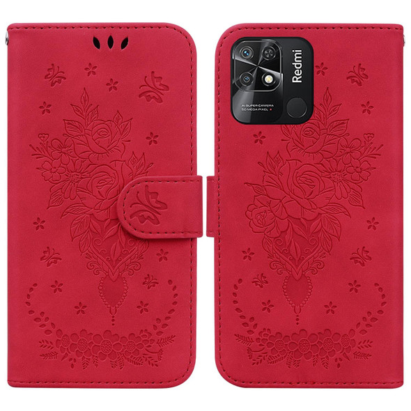 Xiaomi Redmi 10C Butterfly Rose Embossed Leather Phone Case(Red)