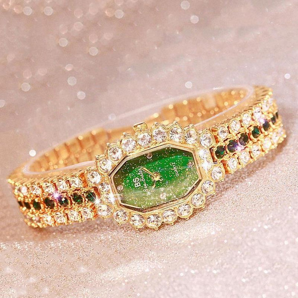 BS bee sister FA1581 Women Octagonal Dial Diamond Plated Rhinestone Bracelet Quartz Watch(Gold Shell Green Diamond)