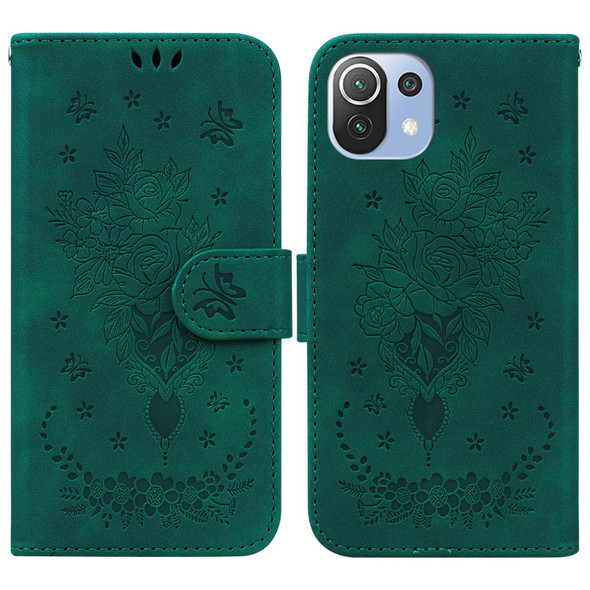Xiaomi Mi 11 Lite 5G / 4G Butterfly Rose Embossed Leather Phone Case(Green)