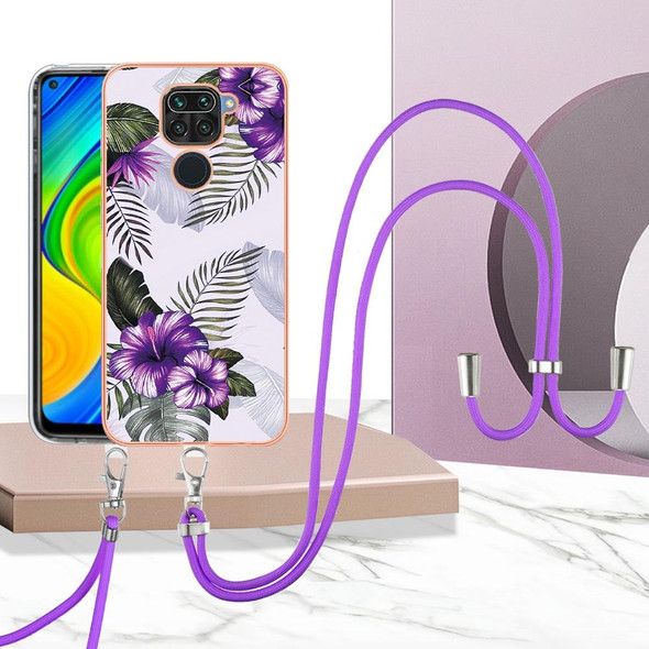 Xiaomi Redmi Note 9 / Redmi 10X 4G Electroplating IMD TPU Phone Case with Lanyard(Purple Flower)