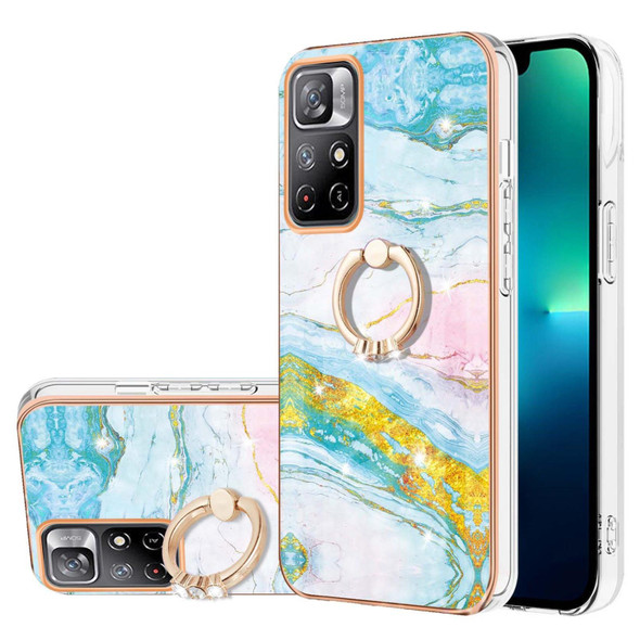 Xiaomi Redmi Note 11 5G China / Poco M4 Pro 5G / Note 11T 5G India Electroplating Marble Pattern IMD TPU Shockproof Phone Case with Ring Holder(Green 004)