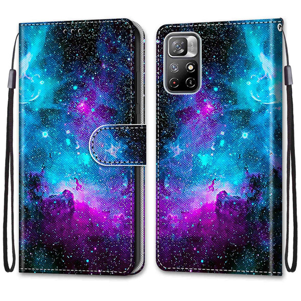Xiaomi Redmi Note 11 Coloured Drawing Cross Texture Horizontal Flip PU Phone Leather Case with Holder & Card Slots & Wallet & Lanyard(Colorful Layer(Purple Green Starry Sky)