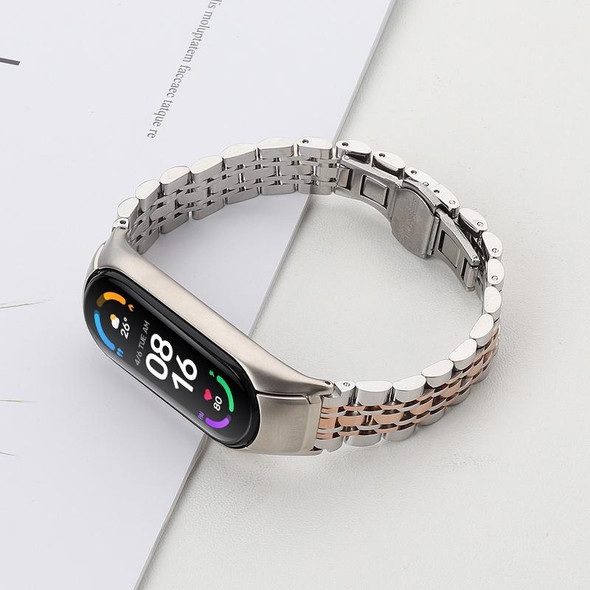 Xiaomi Mi Band 6 / 5 Seven-beads Stainless Steel Watch Band(Silver Rose Gold)