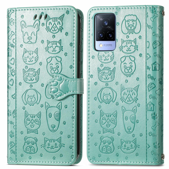 vivo V21 Lovely Cat and Dog Embossing Pattern Horizontal Flip Leather Case , with Holder & Card Slots & Wallet & Cartoon Clasp & Lanyard(Green)
