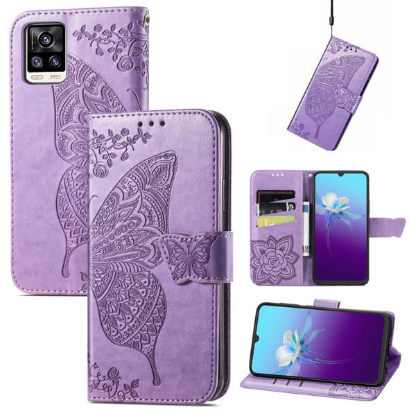 Butterfly Love Flowers Embossed Horizontal Flip Leatherette Case with Holder & Card Slots & Wallet & Lanyard - vivo V20 2021(Light Purple)