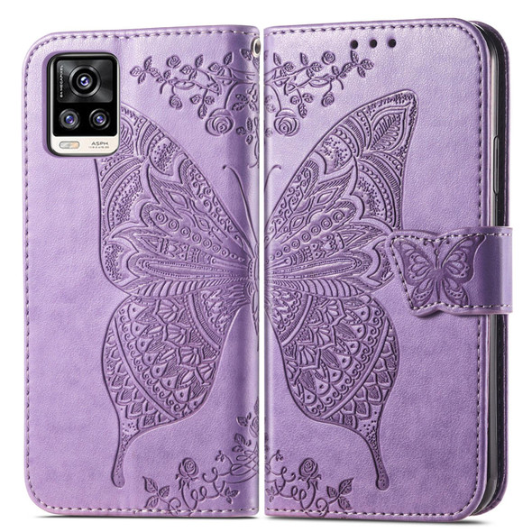 Butterfly Love Flowers Embossed Horizontal Flip Leatherette Case with Holder & Card Slots & Wallet & Lanyard - vivo V20 2021(Light Purple)