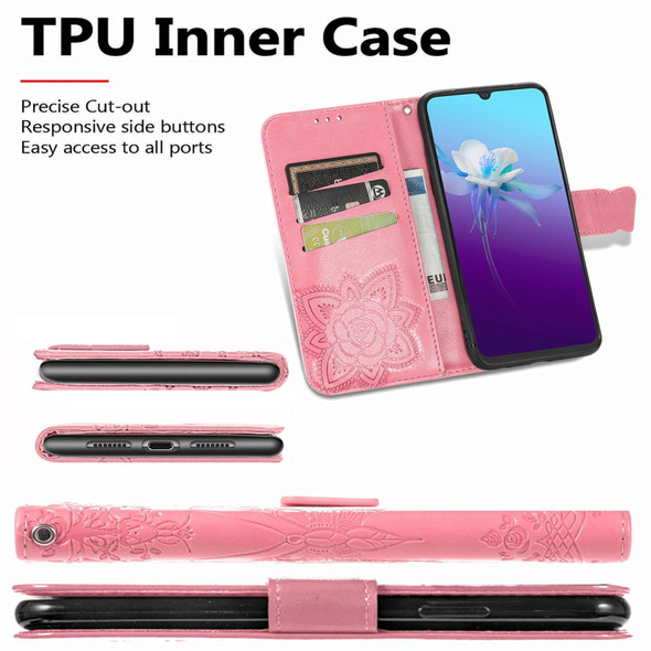 Butterfly Love Flowers Embossed Horizontal Flip Leatherette Case with Holder & Card Slots & Wallet & Lanyard - vivo V20 2021(Pink)