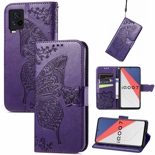Butterfly Love Flowers Embossed Horizontal Flip Leatherette Case with Holder & Card Slots & Wallet & Lanyard - vivo IQOO 7(Dark Purple)