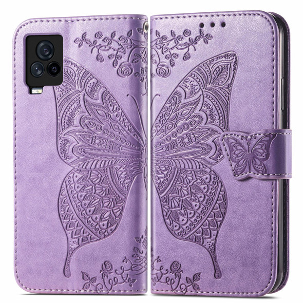 Butterfly Love Flowers Embossed Horizontal Flip Leatherette Case with Holder & Card Slots & Wallet & Lanyard - vivo IQOO 7(Light Purple)