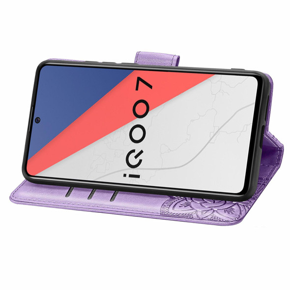 Butterfly Love Flowers Embossed Horizontal Flip Leatherette Case with Holder & Card Slots & Wallet & Lanyard - vivo IQOO 7(Light Purple)