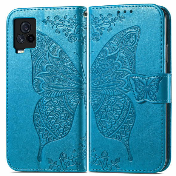 Butterfly Love Flowers Embossed Horizontal Flip Leatherette Case with Holder & Card Slots & Wallet & Lanyard - vivo IQOO 7(Blue)