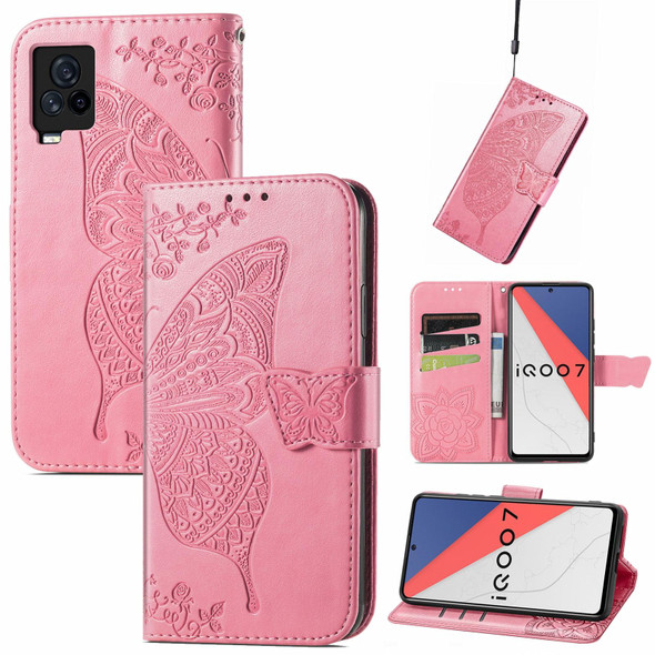 Butterfly Love Flowers Embossed Horizontal Flip Leatherette Case with Holder & Card Slots & Wallet & Lanyard - vivo IQOO 7(Pink)