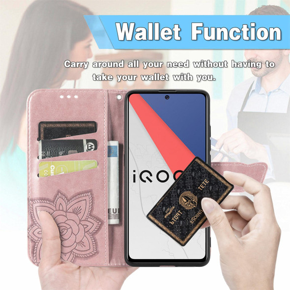 Butterfly Love Flowers Embossed Horizontal Flip Leatherette Case with Holder & Card Slots & Wallet & Lanyard - vivo IQOO 7(Rose Gold)