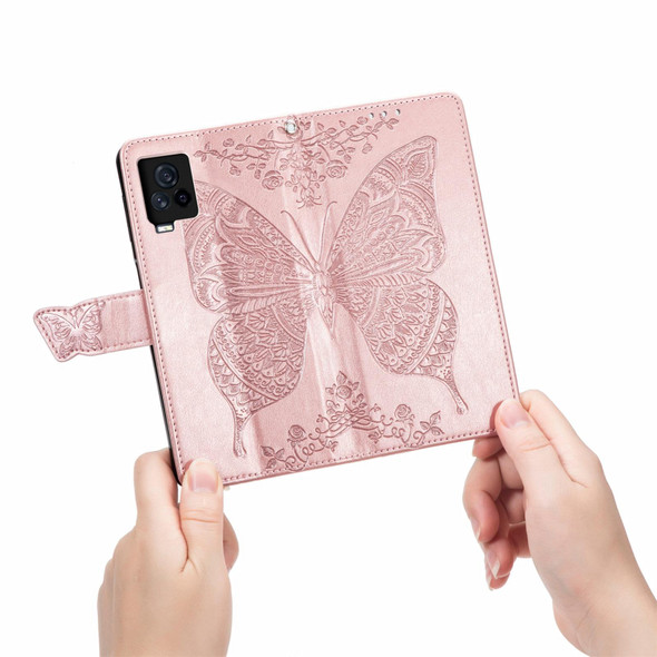 Butterfly Love Flowers Embossed Horizontal Flip Leatherette Case with Holder & Card Slots & Wallet & Lanyard - vivo IQOO 7(Rose Gold)