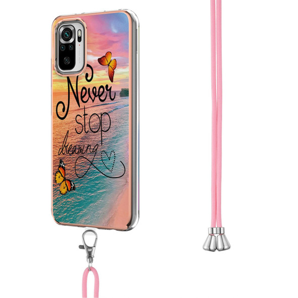 Xiaomi Redmi Note 10 Electroplating Pattern IMD TPU Shockproof Case with Neck Lanyard(Dream Chasing Butterfly)