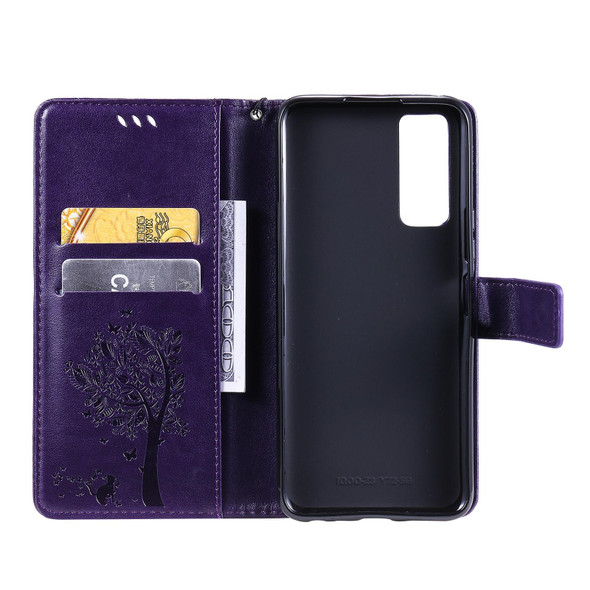 vivo Y72 5G / iQOO Z3 Tree & Cat Embossing Pattern Horizontal Flip PU Leather Case with Holder & Card Slots & Wallet & Lanyard(Purple)