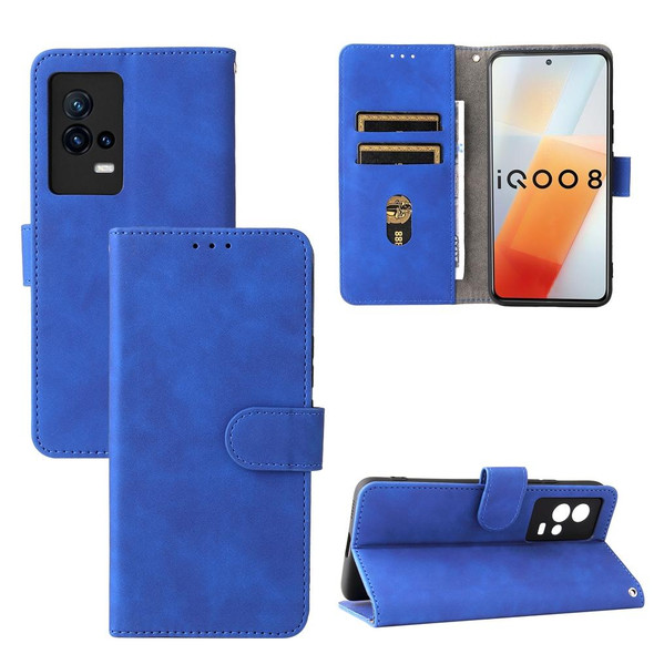 vivo iQOO 8 Solid Color Skin Feel Magnetic Buckle Horizontal Flip Calf Texture PU Leather Case with Holder & Card Slots & Wallet(Blue)