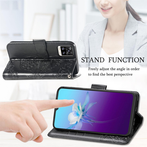 Butterfly Love Flowers Embossed Horizontal Flip Leatherette Case with Holder & Card Slots & Wallet & Lanyard - vivo V20 2021(Black)