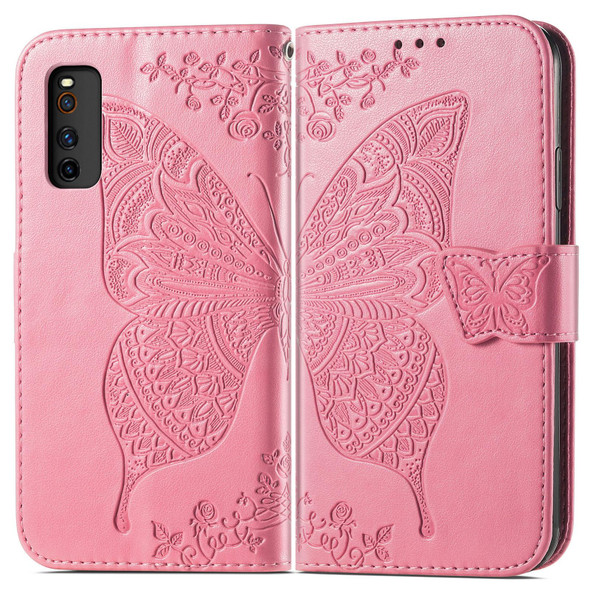 Butterfly Love Flowers Embossed Horizontal Flip Leatherette Case with Holder & Card Slots & Wallet & Lanyard - vivo IQOO Neo 3(Pink)