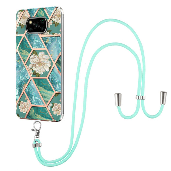 Xiaomi Poco X3 NFC Electroplating Splicing Marble Flower Pattern TPU Shockproof Case with Lanyard(Blue Flower)